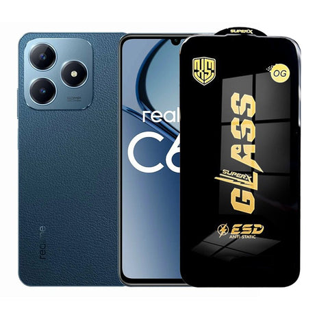 Folie sticlă securizată ESD pentru Realme C63, 0.35 mm, margini negre – vedere frontală produs