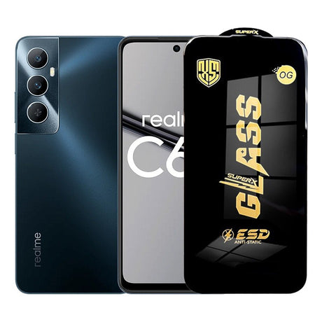 Folie sticlă securizată ESD pentru Realme C65, grosime 0,35 mm, margini negre, vedere frontală