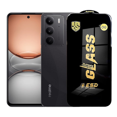 Folie sticlă securizată ESD pentru Realme C75, grosime 0.35 mm, margini negre – vedere frontală