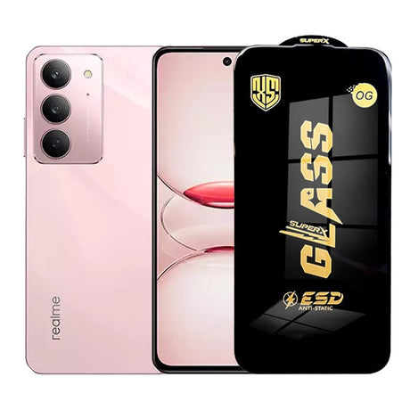 Folie protecție Realme C75x din sticlă securizată ESD, 0.35 mm, margini negre, vedere frontală
