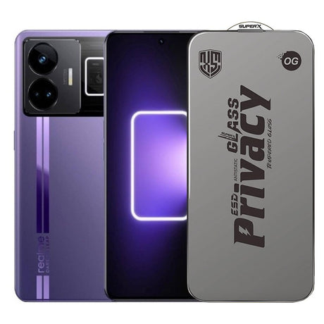 Sticlă securizată ESD antistatică pentru Realme GT3, model Super-X Privacy OG, margini negre, vedere frontală