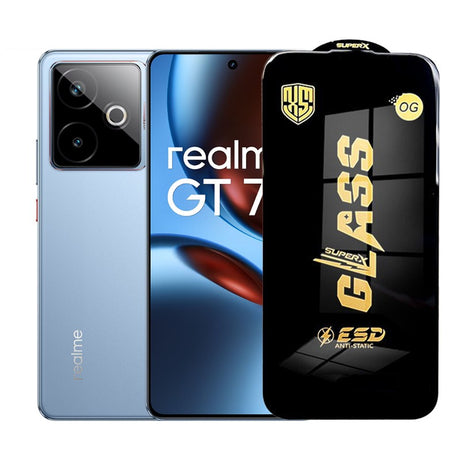 Folie protecție sticlă securizată ESD pentru Realme GT7T, 0.35 mm, margini negre – vedere frontală
