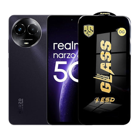 Folie sticlă securizată ESD pentru Realme Narzo 60x, grosime 0,35 mm, margini negre, vedere frontală