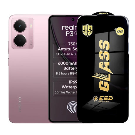 Folie protecție sticlă securizată ESD pentru Realme P3, grosime 0.35 mm, margini negre, vedere frontală