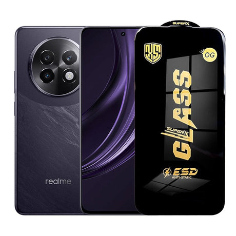 Folie protecție sticlă securizată ESD pentru Realme 13+, margini negre, grosime 0,35 mm, vedere frontală