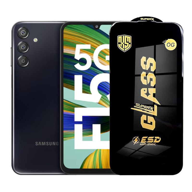 Folie sticlă securizată ESD pentru Samsung Galaxy F15, margini negre, grosime 0.35 mm – vedere frontală