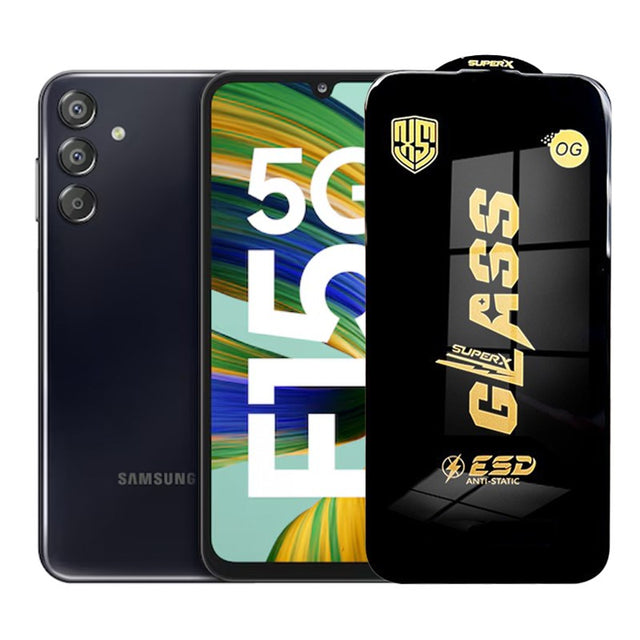 Folie sticlă securizată ESD pentru Samsung Galaxy F15, margini negre, grosime 0.35 mm – vedere frontală