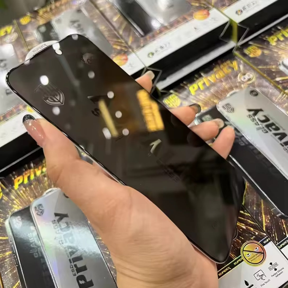 Folie de Protectie pentru Samsung Galaxy M15, Vivimall, Sticla Securizata ESD Antistatica, Super-X Privacy OG, Margini Negre, 0.30 mm, Transparent Inchis - vivimall.ro