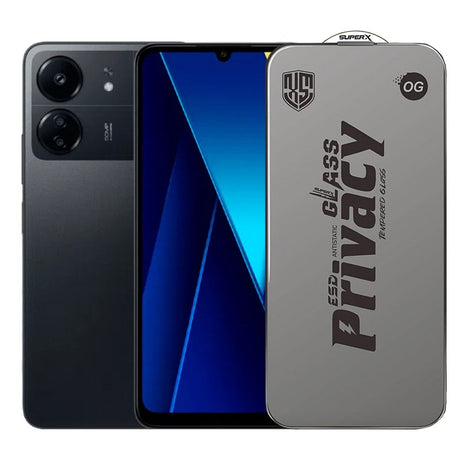 Folie sticlă securizată ESD antistatică Xiaomi Poco C65, Super-X Privacy OG, margini negre, 0.30 mm – vedere frontală