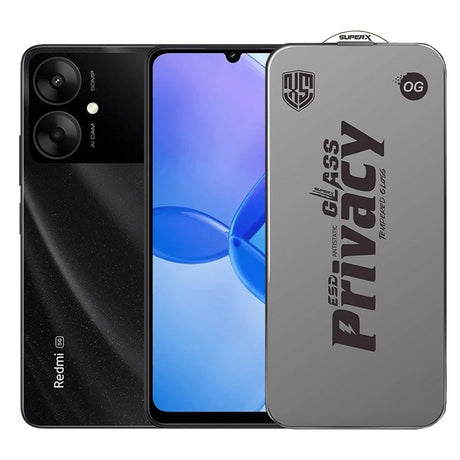 Folie sticlă securizată ESD pentru Xiaomi Redmi 13R, Super-X Privacy OG, 0.30 mm, margini negre – vedere frontală