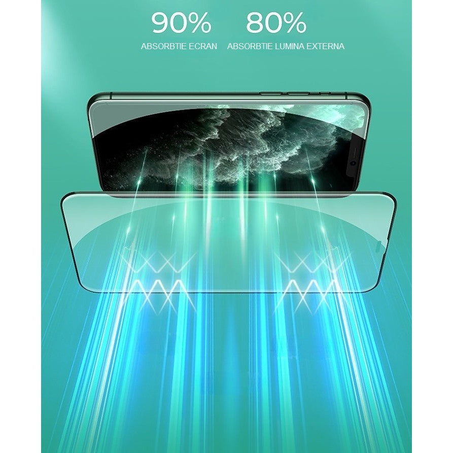 Folie de Sticla Securizata pentru Apple iPhone 15, Vivimall, Lumina Verde Anti-Blue Ray, Auto-Aplicare, Protectie Completa 9D, Verde - vivimall.ro