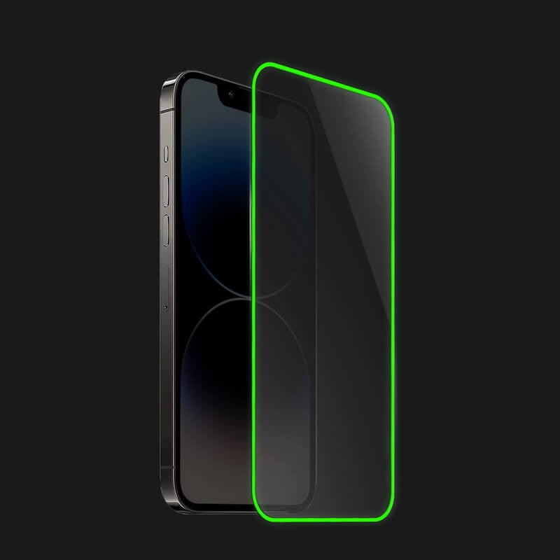 Folie de Sticla Securizata pentru Apple iPhone 15, Vivimall, Luminous, Margine Fosforescenta Neon din Silicon, Mat, Anti-Amprenta, Protectie Completa, 9H, Verde - vivimall.ro