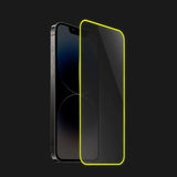 Folie de Sticla Securizata pentru Apple iPhone 15, Vivimall, Luminous, Margine Fosforescenta Neon din Silicon, Mat, Anti-Amprenta, Protectie Completa, 9H, Galben - vivimall.ro