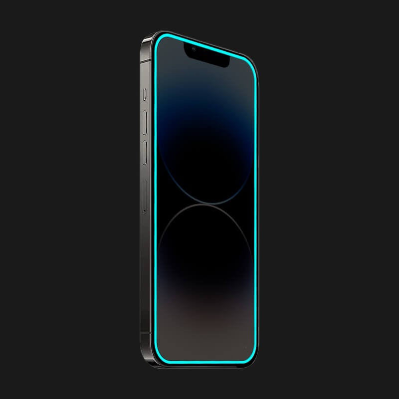 Folie de Sticla Securizata pentru Apple iPhone 15, Vivimall, Luminous, Margine Fosforescenta Neon din Silicon, Mat, Anti-Amprenta, Protectie Completa, 9H, Albastru - vivimall.ro