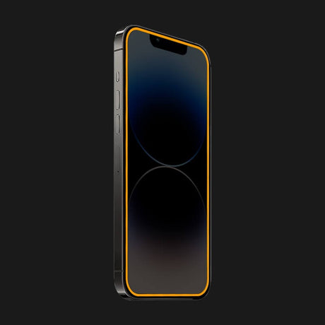 Detaliu margine fosforescentă neon portocaliu din silicon pentru folie iPhone 15 Pro Luminous