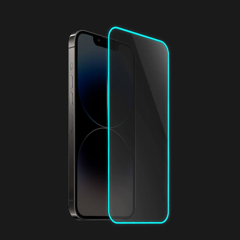 Folie de Sticla Securizata pentru Apple iPhone 15 Pro, Vivimall, Luminous, Margine Fosforescenta Neon din Silicon, Mat, Anti-Amprenta, Protectie Completa, 9H, Albastru - vivimall.ro
