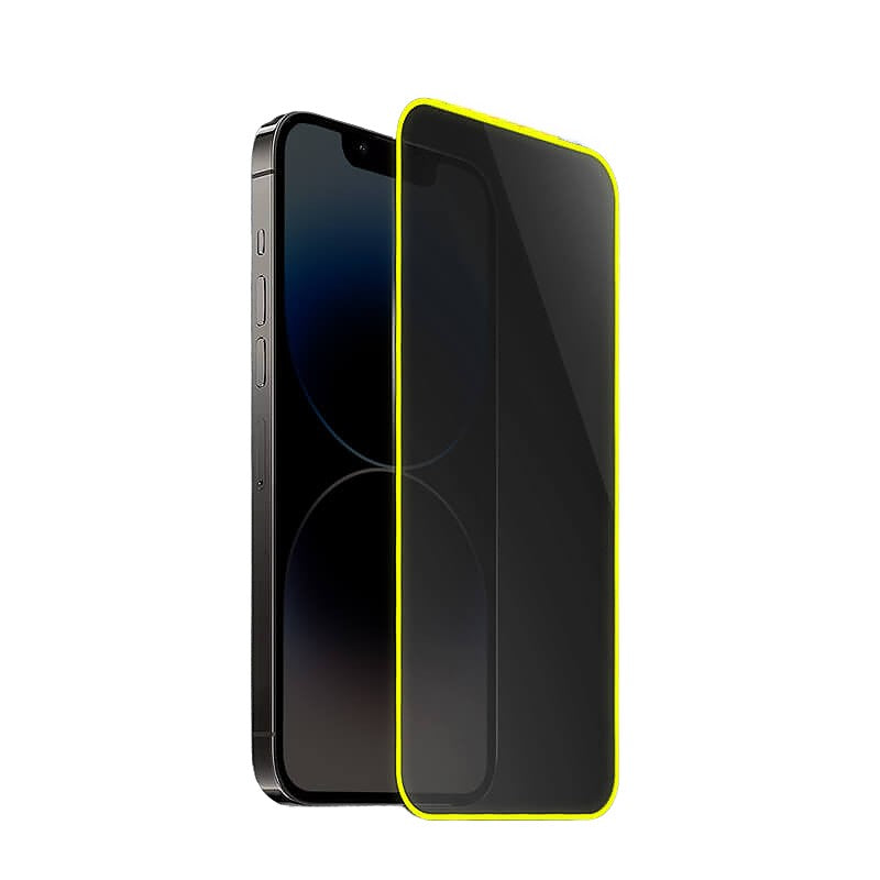 Folie de Sticla Securizata pentru Apple iPhone 15 Pro, Vivimall, Luminous, Margine Fosforescenta Neon din Silicon, Mat, Anti-Amprenta, Protectie Completa, 9H, Galben - vivimall.ro