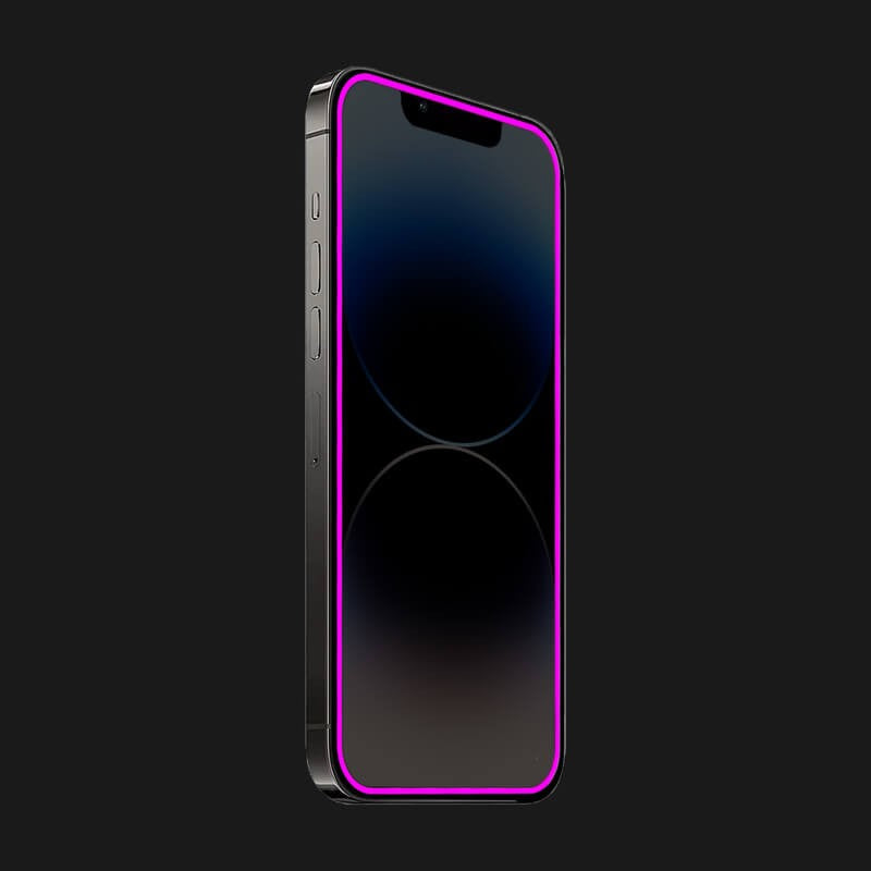 Folie de Sticla Securizata pentru Apple iPhone 15 Pro Max, Vivimall, Luminous, Margine Fosforescenta Neon din Silicon, Mat, Anti-Amprenta, Protectie Completa, 9H, Violet - vivimall.ro
