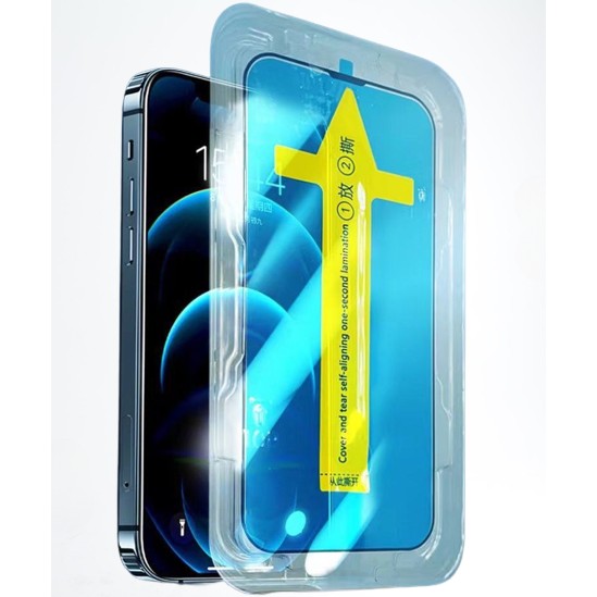 Folie sticla securizata cu sistem de montare usor si rapid Flippy pentru Apple iPhone 14 Plus / 13 Pro Max, Transparent cu margini negre - vivimall.ro