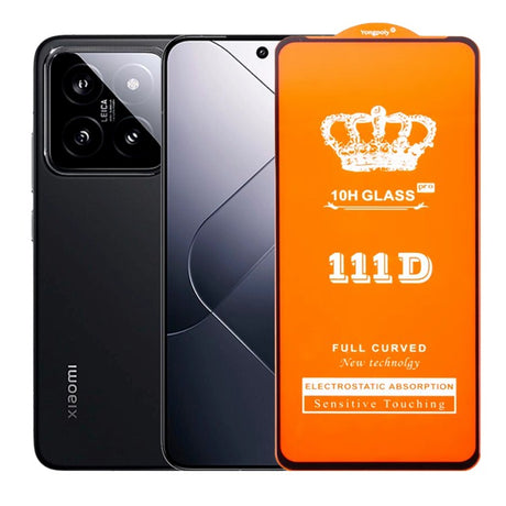 Folie sticlă securizată Xiaomi 14, Full Cover 111D, margini negre, vedere frontală pe telefon