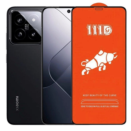 Folie sticlă securizată Xiaomi 14, Full Cover 111D, margini negre, vedere frontală pe telefon