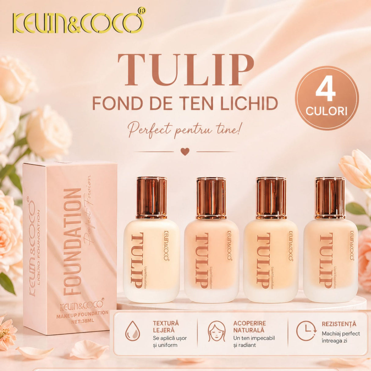 Fond de ten Kevin&Coco Tulip nuanța 4, textură lejeră, machiaj zilnic, vedere din spate