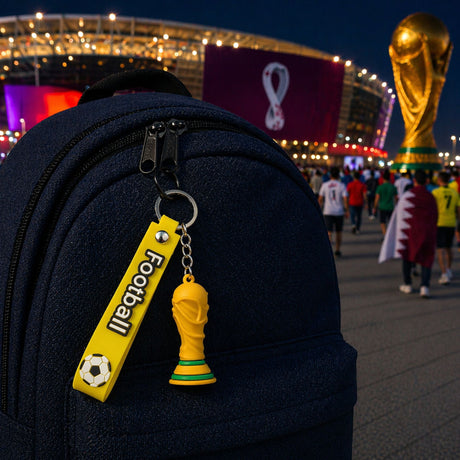 Breloc Flippy trofeu Cupa Mondială, cauciuc flexibil galben, detaliu design mascotă fotbal