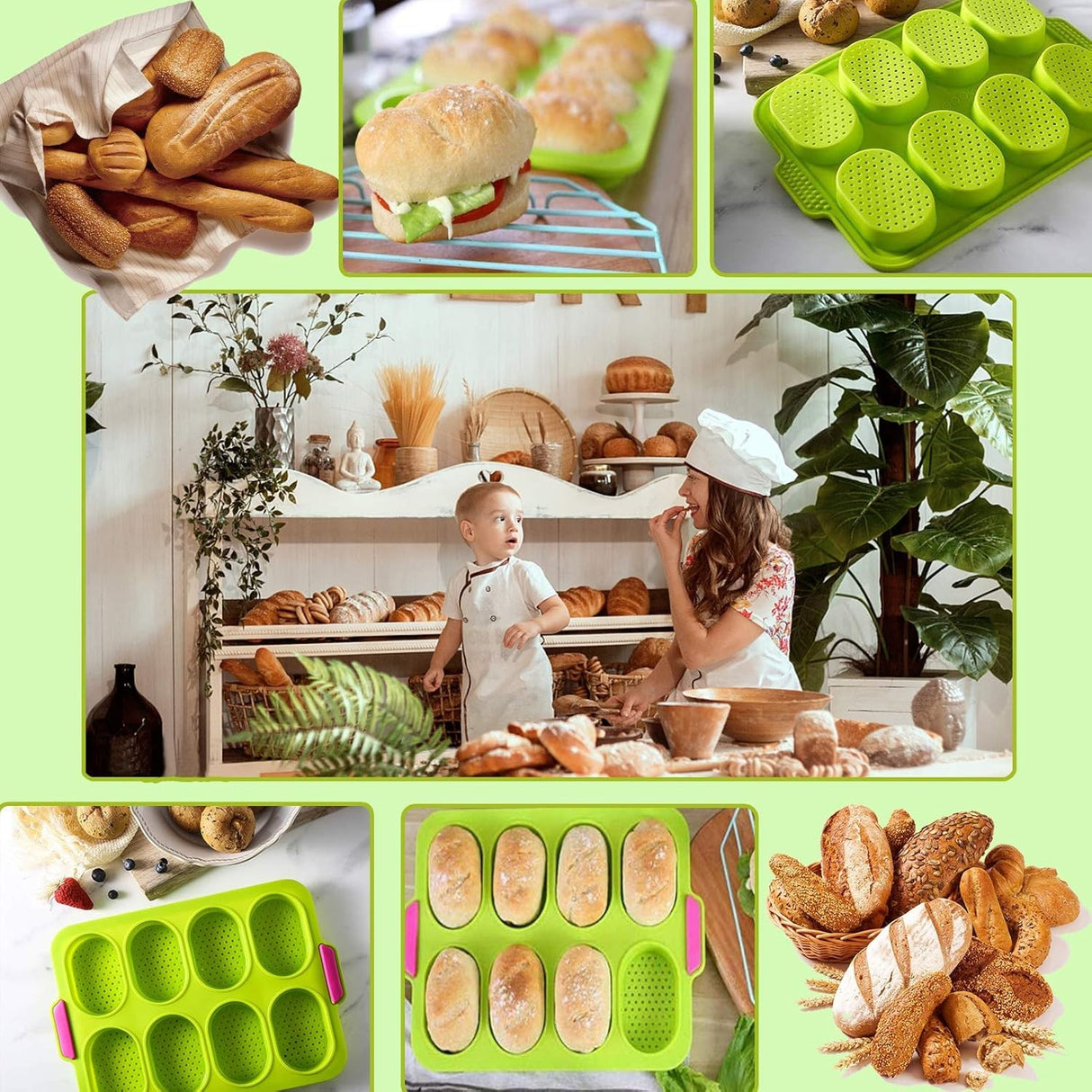 Forme de Silicon pentru Copt, Vivimall, 8 Forme Ovale, pentru Paine si Prajituri, 34.5 x 23.8 x 2.5 cm, Verde/Roz - vivimall.ro