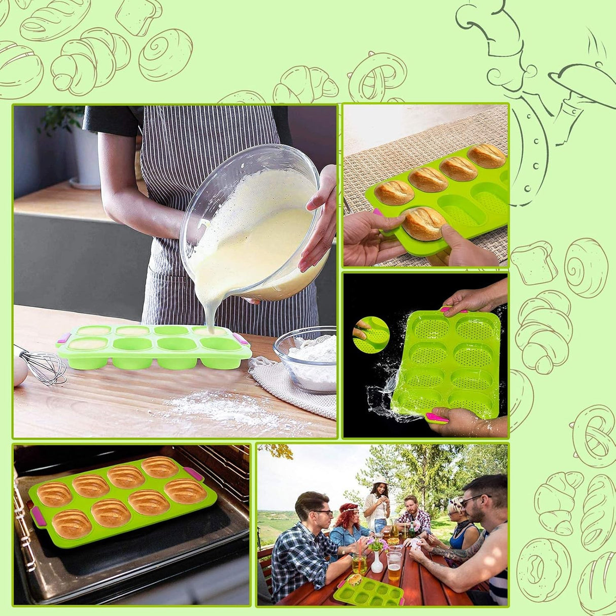 Forme de Silicon pentru Copt, Vivimall, 8 Forme Ovale, pentru Paine si Prajituri, 34.5 x 23.8 x 2.5 cm, Verde/Roz - vivimall.ro