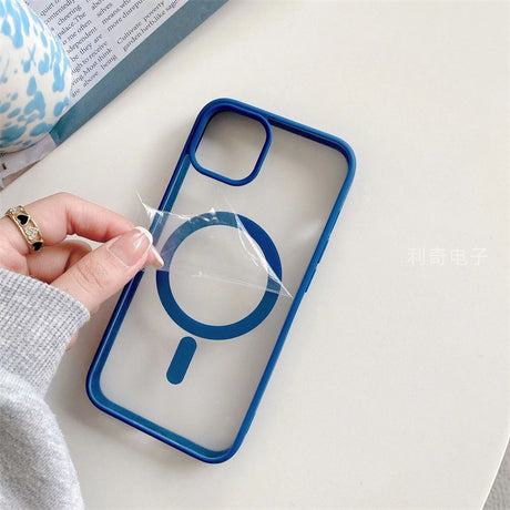 Husa MagSafe pentru Apple iPhone 14 Pro Max, Full Cover, Frosted Acrylic Color Big Hole, Magnetica, Incarcare Wireless, Flippy, Albastru - vivimall.ro