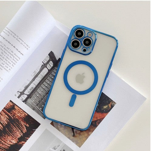 Husa MagSafe pentru Apple iPhone 14 Pro Max, Protectie camera, Full TPU, Margini colorate Electroplating, Magnetica, Incarcare Wireless, Flippy, Albastru - vivimall.ro