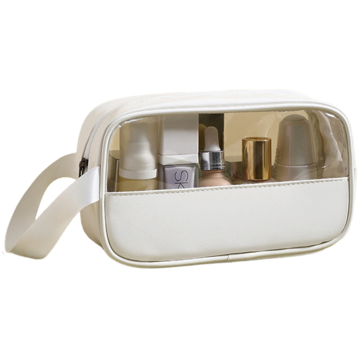 Geanta cosmetice Flippy, pentru voiaj sau organizare, material PVC/textil, impermeabila, portabila, 22 x 12 x 8 cm, alb - vivimall.ro