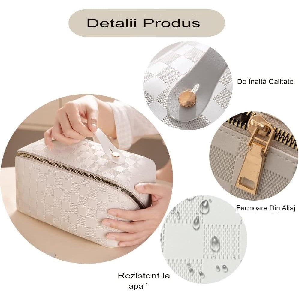 Geanta de Calatorie Vivimall, Pentru Cosmetice, Portabila, Impermeabila, din Piele Ecologica, Compartimente Multiple, cu Fermoar, 22 x 13 x 12.5 cm, In Carouri, Alb - vivimall.ro