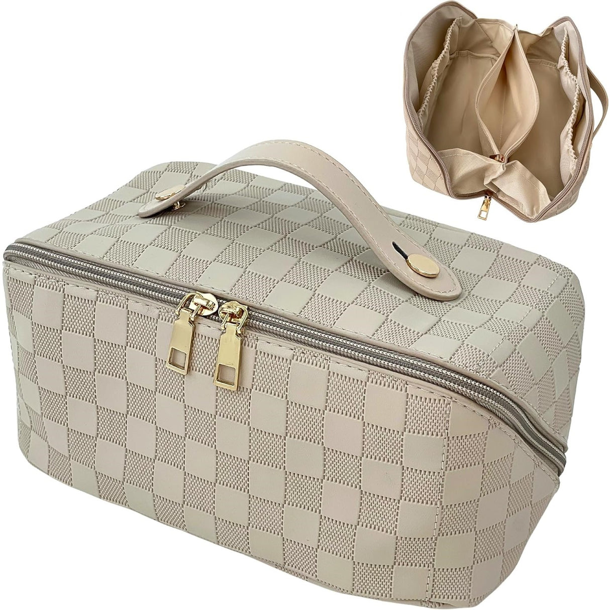 Geanta de Calatorie Vivimall, Pentru Cosmetice, Portabila, Impermeabila, din Piele Ecologica, Compartimente Multiple, cu Fermoar, 22 x 13 x 12.5 cm, In Carouri, Alb - vivimall.ro