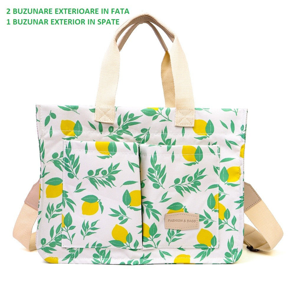 Geanta de Mana/Umar, Multifunctionala, Vivimall, Inchidere cu Capsa, Imprimeu Lamai, Material Textil, 33.5 x 25 x 14.5 cm, Alb/Galben - vivimall.ro