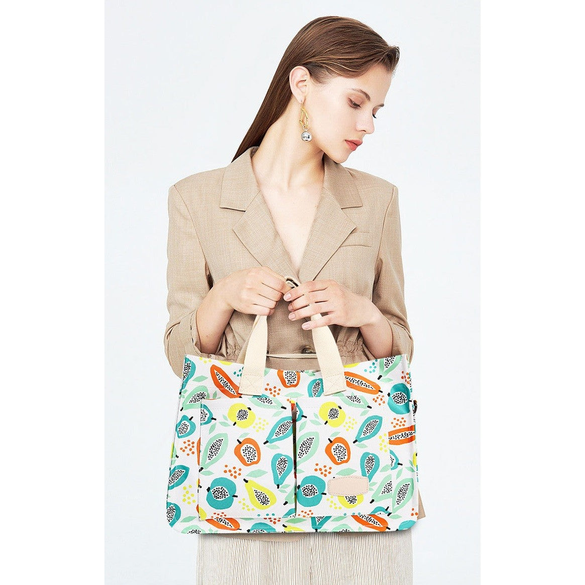 Geanta de Mana/Umar, Multifunctionala, Vivimall, Inchidere cu Capsa, Imprimeu Fructe, Material Textil, 33.5 x 25 x 14.5 cm, Multicolor - vivimall.ro