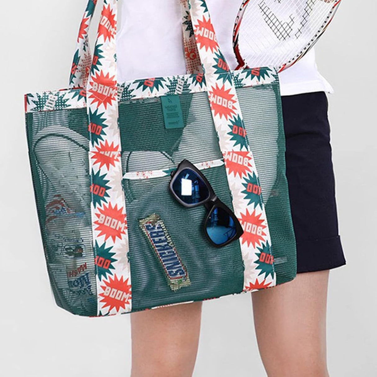 Geanta de Plaja, Vivimall, din Plasa Transparenta, Imprimeu Boom, 43 x 10 x 33 cm, Model pentru Umar, Lungime Inferioara 33 cm, Verde - vivimall.ro