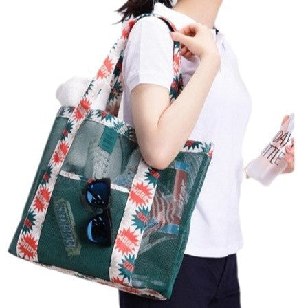 Geanta de Plaja, Vivimall, din Plasa Transparenta, Imprimeu Boom, 43 x 10 x 33 cm, Model pentru Umar, Lungime Inferioara 33 cm, Verde - vivimall.ro