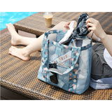 Geanta de Plaja, Vivimall, din Plasa Transparenta, Imprimeu Floral, 43 x 10 x 33 cm, Model pentru Umar, Lungime Inferioara 33 cm, Albastru - vivimall.ro