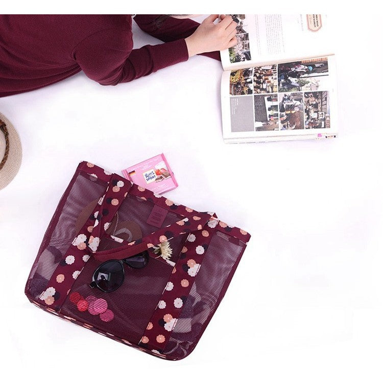 Geanta de Plaja, Vivimall, din Plasa Transparenta, Imprimeu Floral, 43 x 10 x 33 cm, Model pentru Umar, Lungime Inferioara 33 cm, Burgundy - vivimall.ro