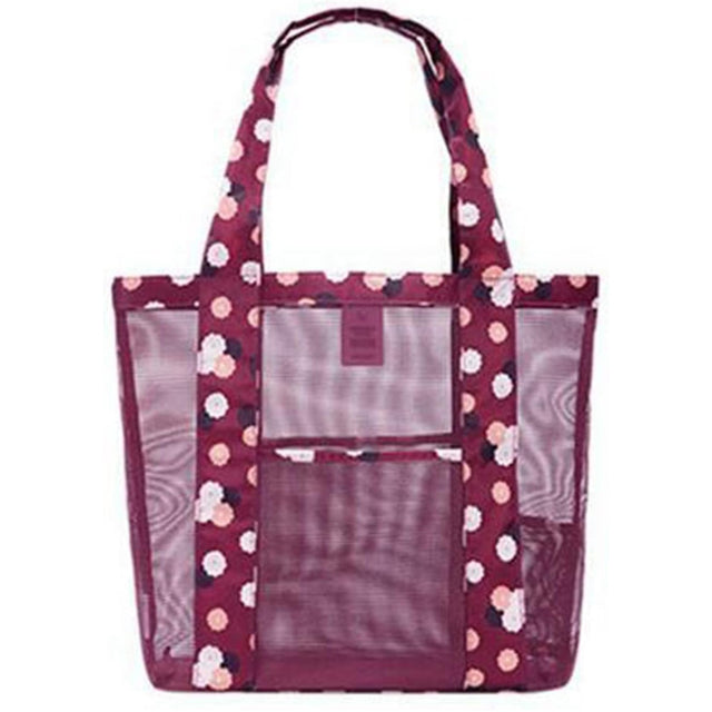 Geanta de Plaja, Vivimall, din Plasa Transparenta, Imprimeu Floral, 43 x 10 x 33 cm, Model pentru Umar, Lungime Inferioara 33 cm, Burgundy - vivimall.ro