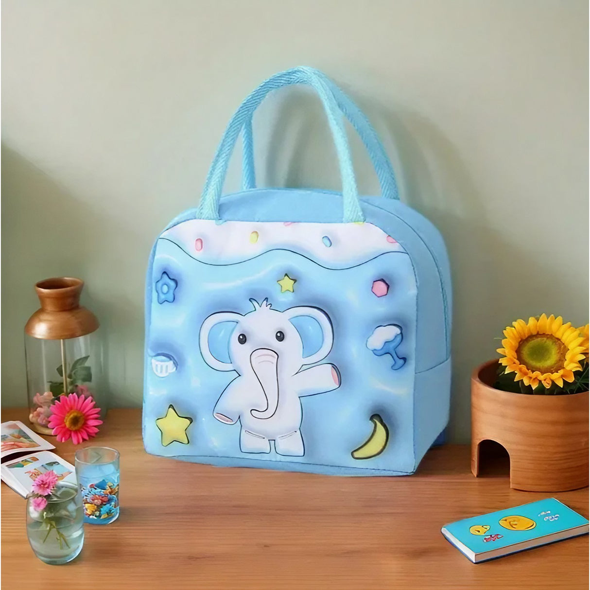 Geantă Frigorifică, Flippy, cu Desene Animate 3D, Portabilă pentru Copii, de Prânz, din Pânză Oxford, 23x13x19 cm, Model Elefantel, Albastru
