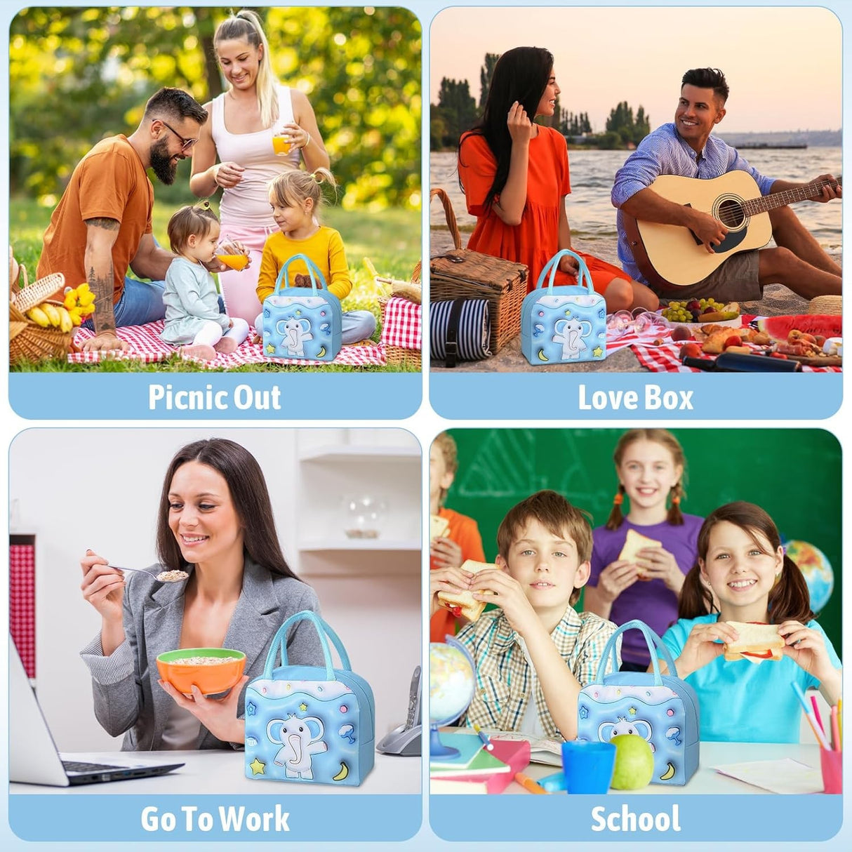 Geantă Frigorifică, Flippy, cu Desene Animate 3D, Portabilă pentru Copii, de Prânz, din Pânză Oxford, 23x13x19 cm, Model Elefantel, Albastru