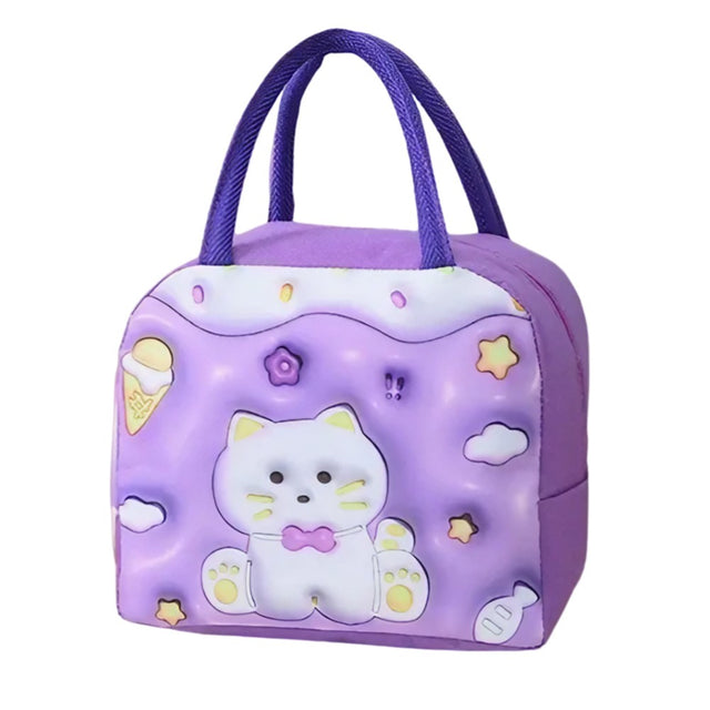 Geantă Frigorifică, Vivimall, cu Desene Animate 3D, Portabilă pentru Copii, de Prânz, din Pânză Oxford, 23x13x19 cm, Model Pisicuta, Mov - vivimall.ro