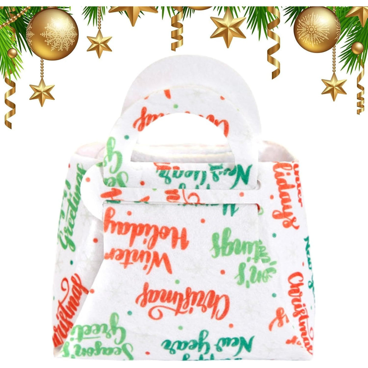 Geanta pentru Copii, Vivimall, Pliabila, pentru Cadouri de Craciun, din Panza Netesuta, Mesaje de Craciun, 13 x 12 x 6 cm, Alb - vivimall.ro