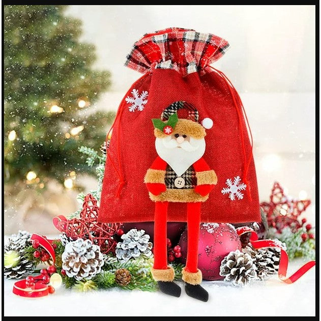 Sac cadouri Vivimall, tematica Mos Craciun, Material Textil, 30x25 cm, cu Siret, Rosu - vivimall.ro