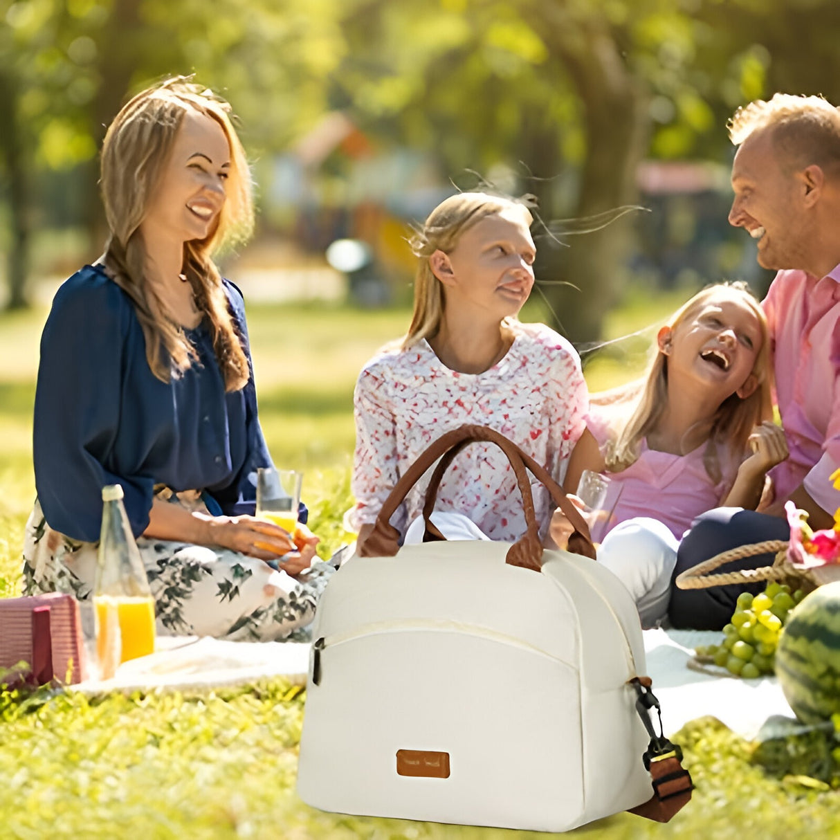 Geanta Termica pentru Pranz Vivimall, Multifunctionala, Compartimentata, Impermeabila, 2 Tipuri de Manere, 26x14.3x21.2 cm, Crem - vivimall.ro