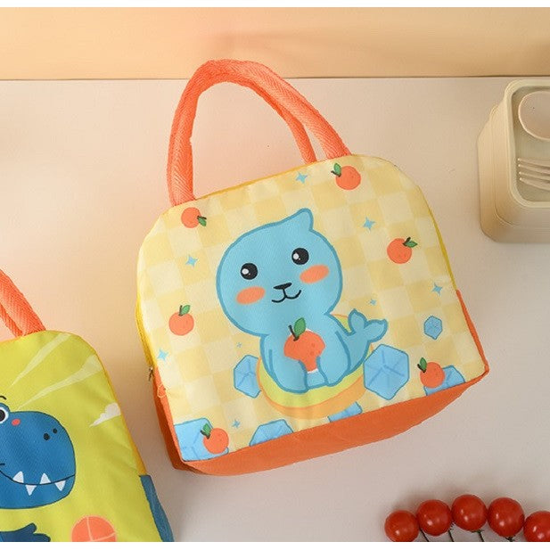 Geanta Termoizolanta pentru Copii, Vivimall, 23x13x19 cm, Model Imprimeu Foca, din Folie de Aluminiu si Panza Oxford, Galben/Portocaliu - vivimall.ro