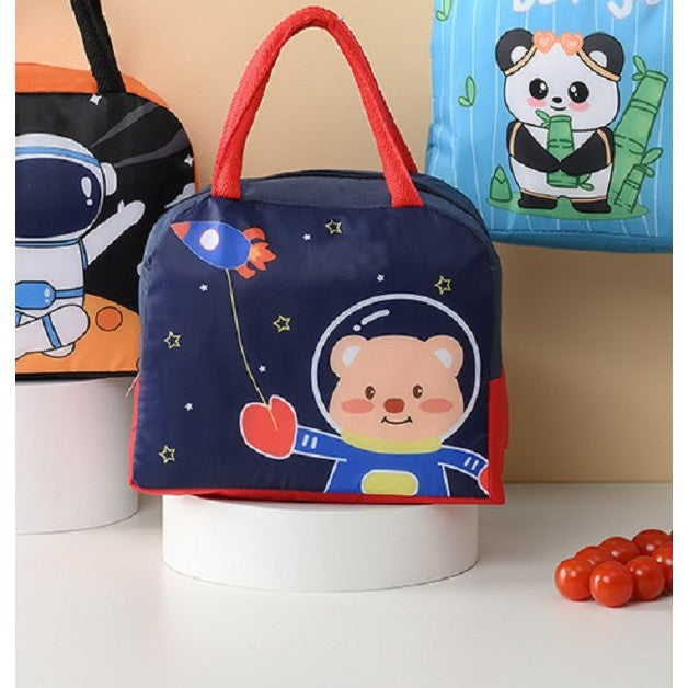 Geanta Termoizolanta pentru Copii, Flippy, 23x13x19 cm, Model Imprimeu Ursulet Astronaut, din Folie de Aluminiu si Panza Oxford, Albastru/Rosu