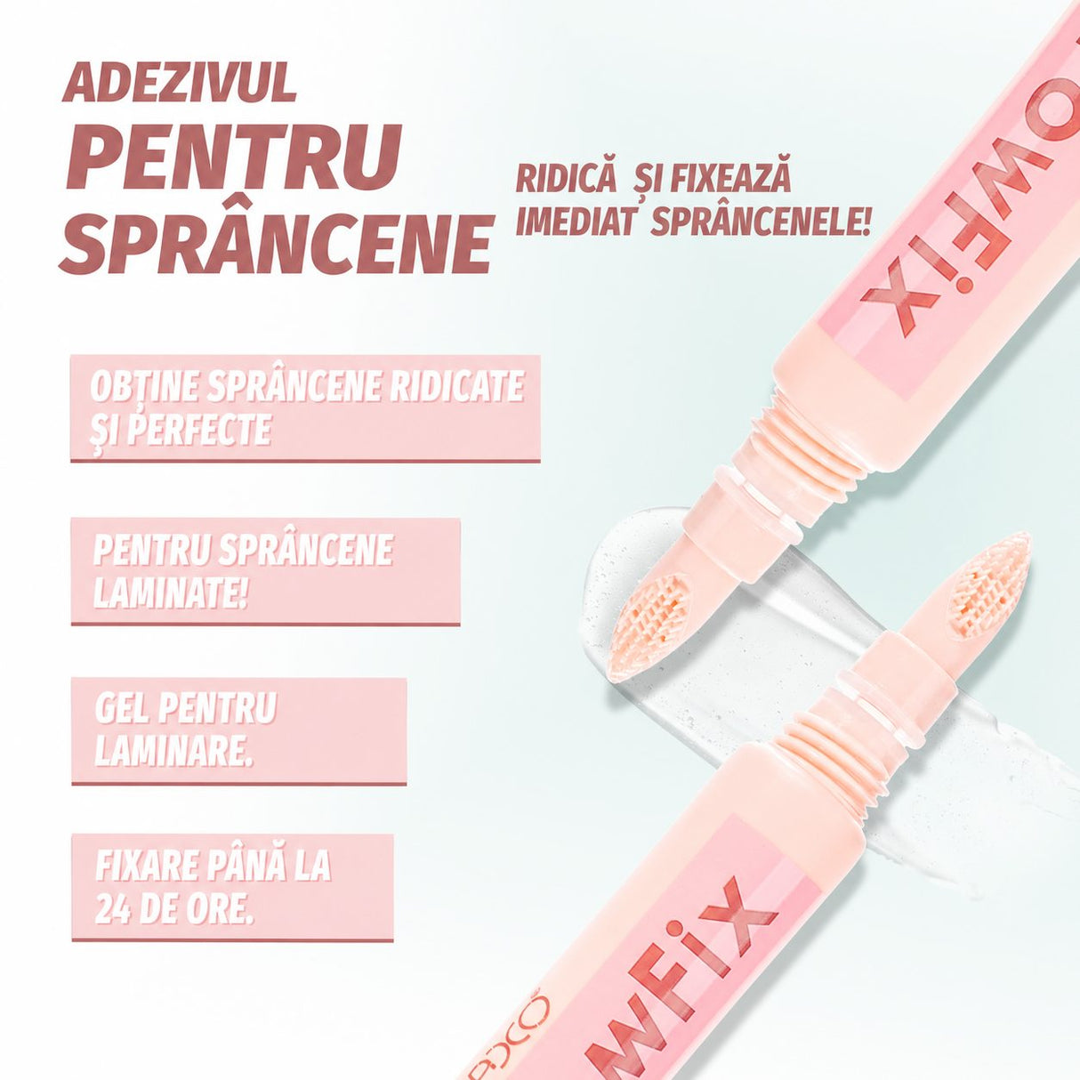 Textură gel transparent Brow Fix Kevin&Coco aplicat pe sprâncene, efect laminare profesional